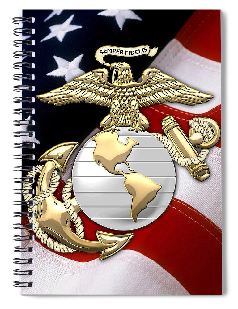 U. S. Marine Corps - U S M C Eagle Globe and Anchor over American Flag.  Spiral Notebook by Serge Averbukh - Pixels