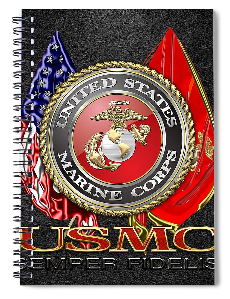 'military Insignia & Heraldry 3d' Collection By Serge Averbukh Spiral Notebook featuring the digital art U. S. Marine Corps U S M C Emblem on Black by Serge Averbukh