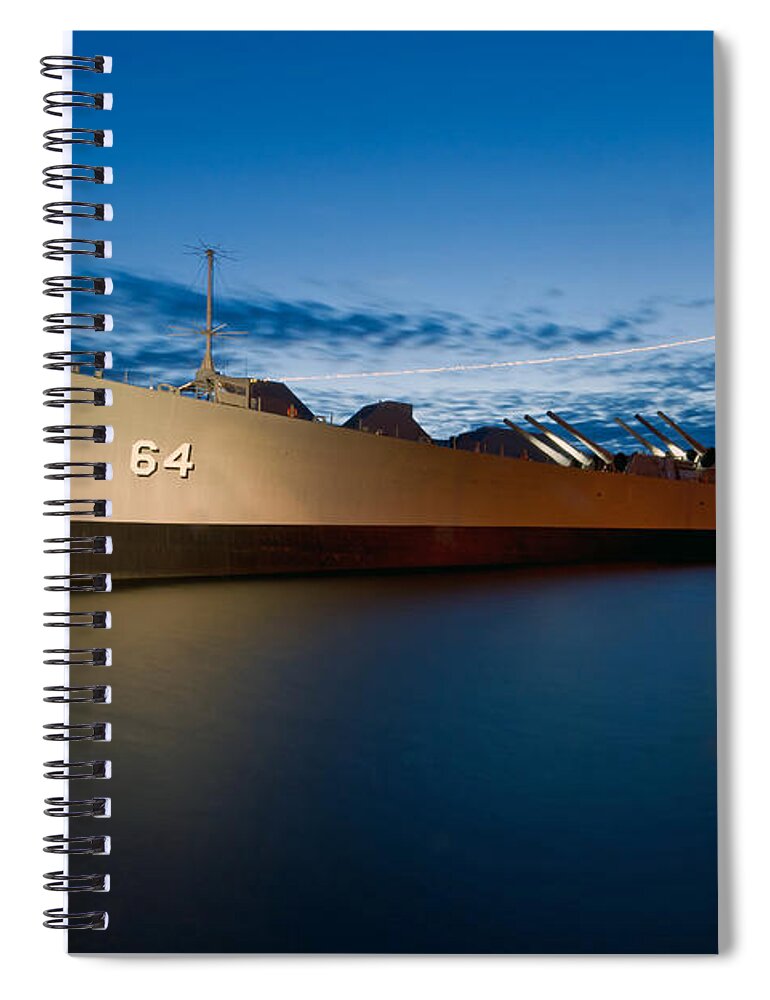 Norfolk Spiral Notebook featuring the photograph USS Wisconsin at Sunset by Jerry Gammon