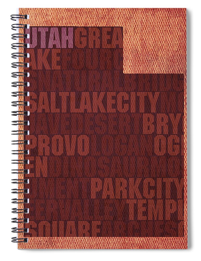 Utah Word Art State Map On Canvas Provo Ogden Salt Lake City Great Salt Lake Logan Usa Spiral Notebook featuring the mixed media Utah Word Art State Map on Canvas by Design Turnpike