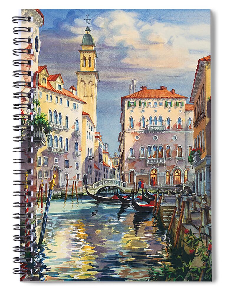 Venetian Canal Spiral Notebook featuring the painting Venice before sunset by Maria Rabinky