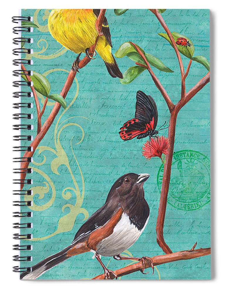 Bird Spiral Notebook featuring the painting Verdigris Songbirds 2 by Debbie DeWitt