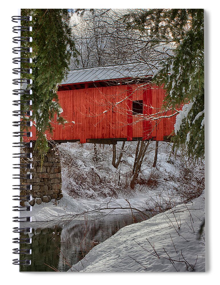 Covered Bridge Spiral Notebook featuring the photograph View through the boughs of Vermont covered bridge by Jeff Folger