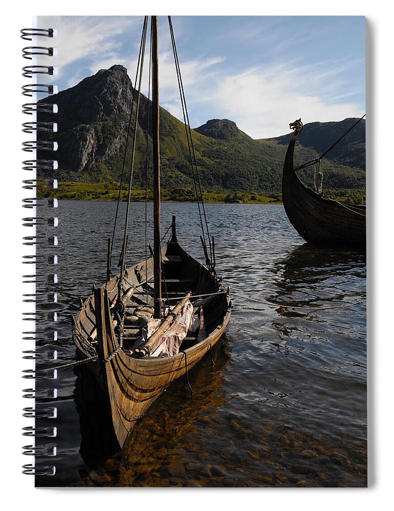 Bay Spiral Notebook featuring the photograph Viking ship in a fjord by Ulrich Kunst And Bettina Scheidulin