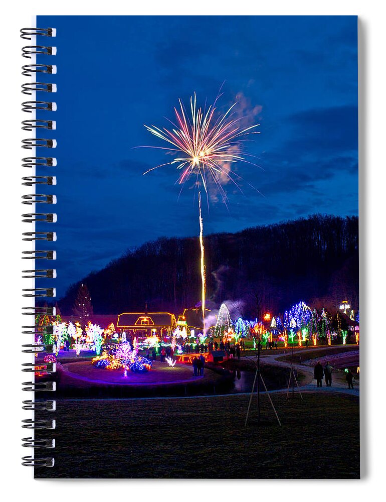 Christmas Spiral Notebook featuring the photograph Village in Christmas lights fireworks by Brch Photography