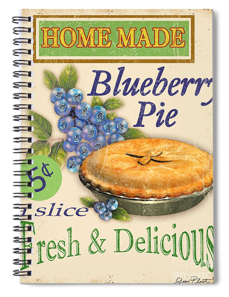 Jean Plout Spiral Notebook featuring the digital art Vintage Blueberry Pie Sign by Jean Plout