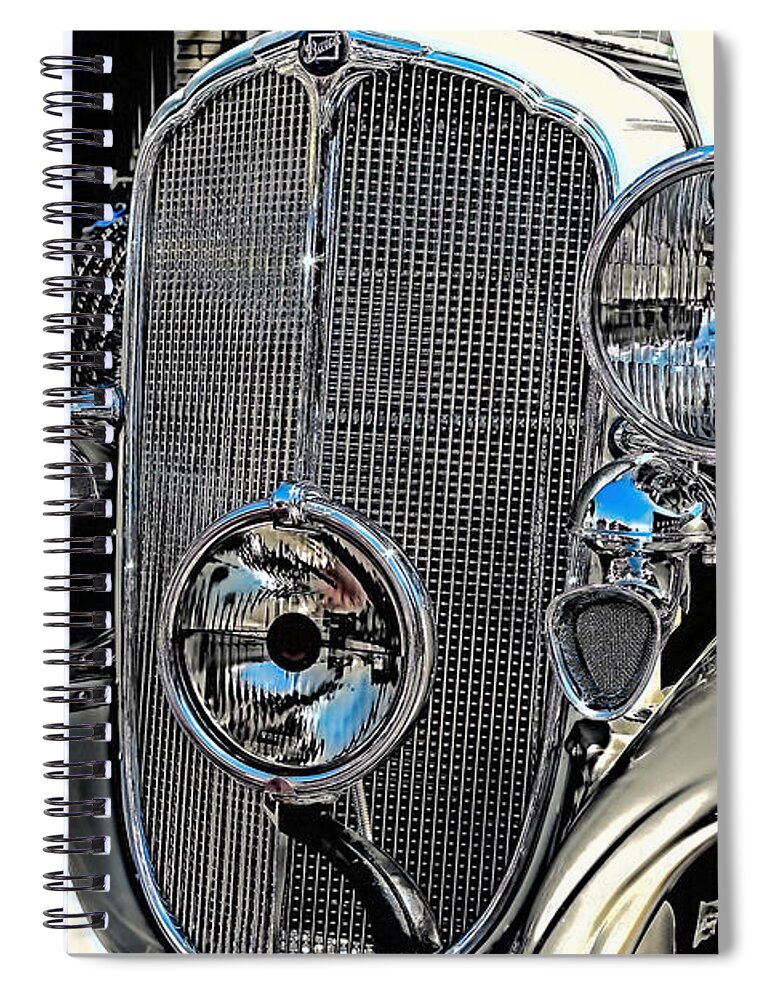 Buick Spiral Notebook featuring the photograph Vintage Car Art Buick Grill and Headlight HDR by Lesa Fine