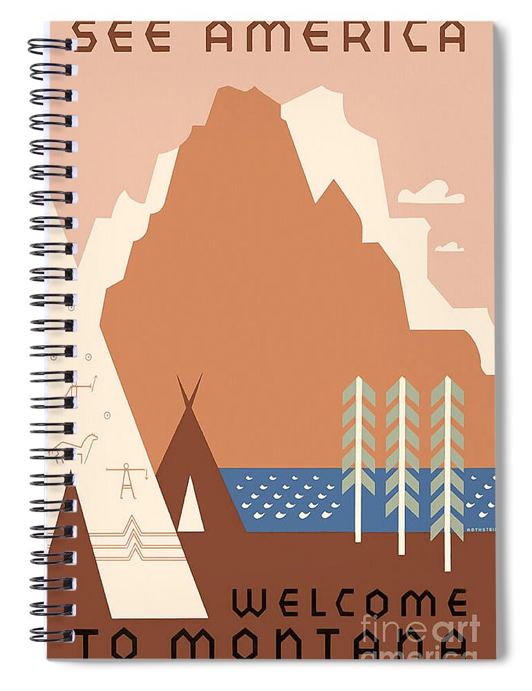 Vintage See America Travel Poster Spiral Notebook featuring the drawing Vintage Montana Travel Poster by Jon Neidert