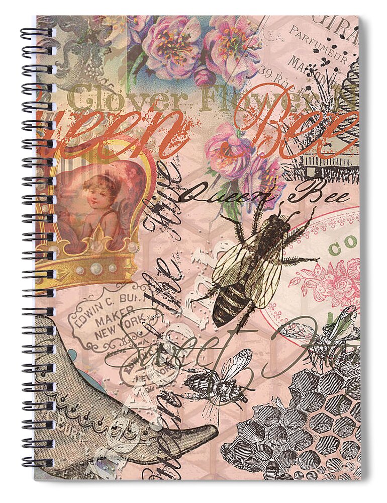 Doodlefly Spiral Notebook featuring the digital art Vintage Queen Bee Collage by Mary Hubley