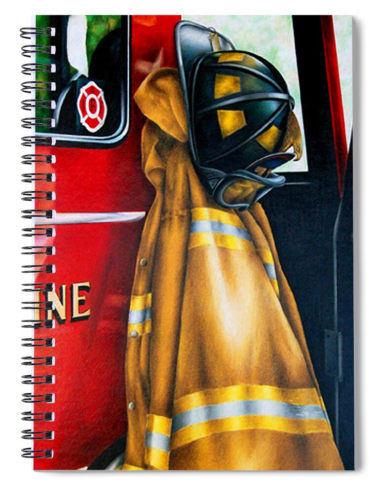 Firefighter Spiral Notebook featuring the drawing Waiting for the Call by Jodi Monroe