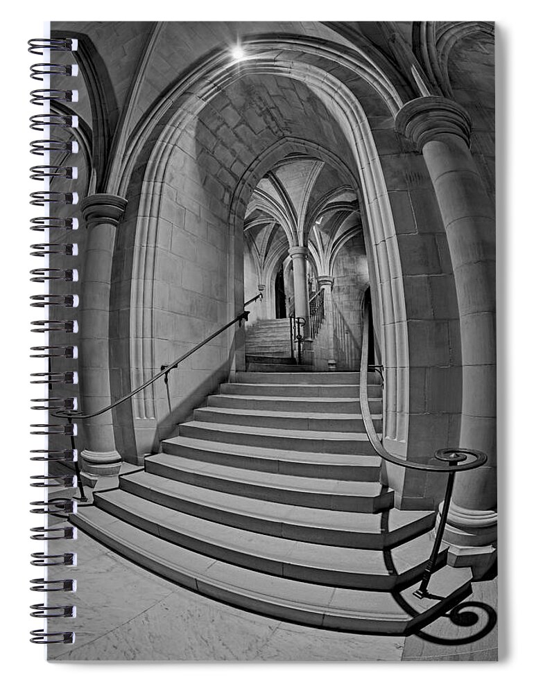 National Cathedral Spiral Notebook featuring the photograph Washington National Cathedral Crypt Level Stairs BW by Susan Candelario