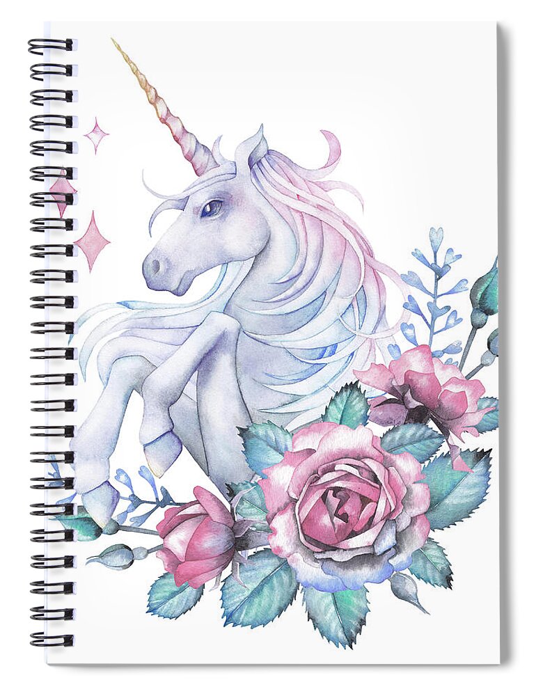 Horse Spiral Notebook featuring the digital art Watercolor Design With Unicorn And Rose by Homunkulus28