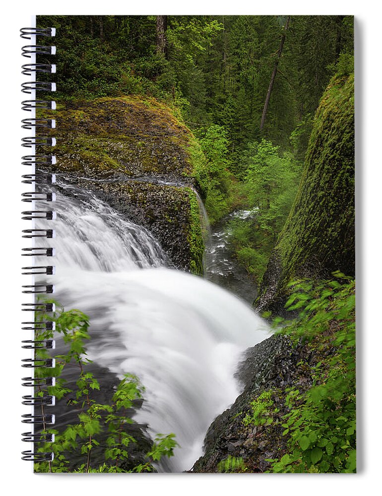 Scenics Spiral Notebook featuring the photograph Waterfall Cascading Down Narrow Forest by Fotovoyager