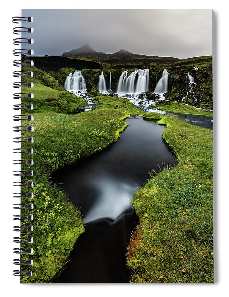 Tranquility Spiral Notebook featuring the photograph Waterfall, River And Rock Formations In by Pixelchrome Inc