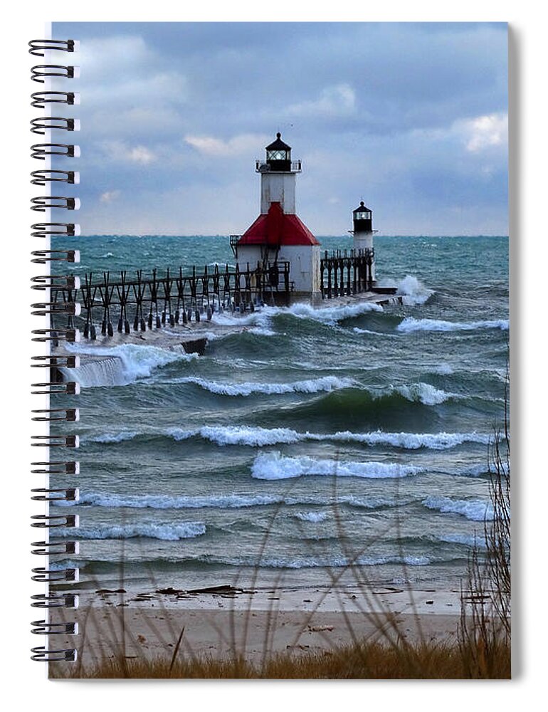 St Joseph Lighthouse Spiral Notebook featuring the photograph Waves at St Joseph Pier Lights by David T Wilkinson