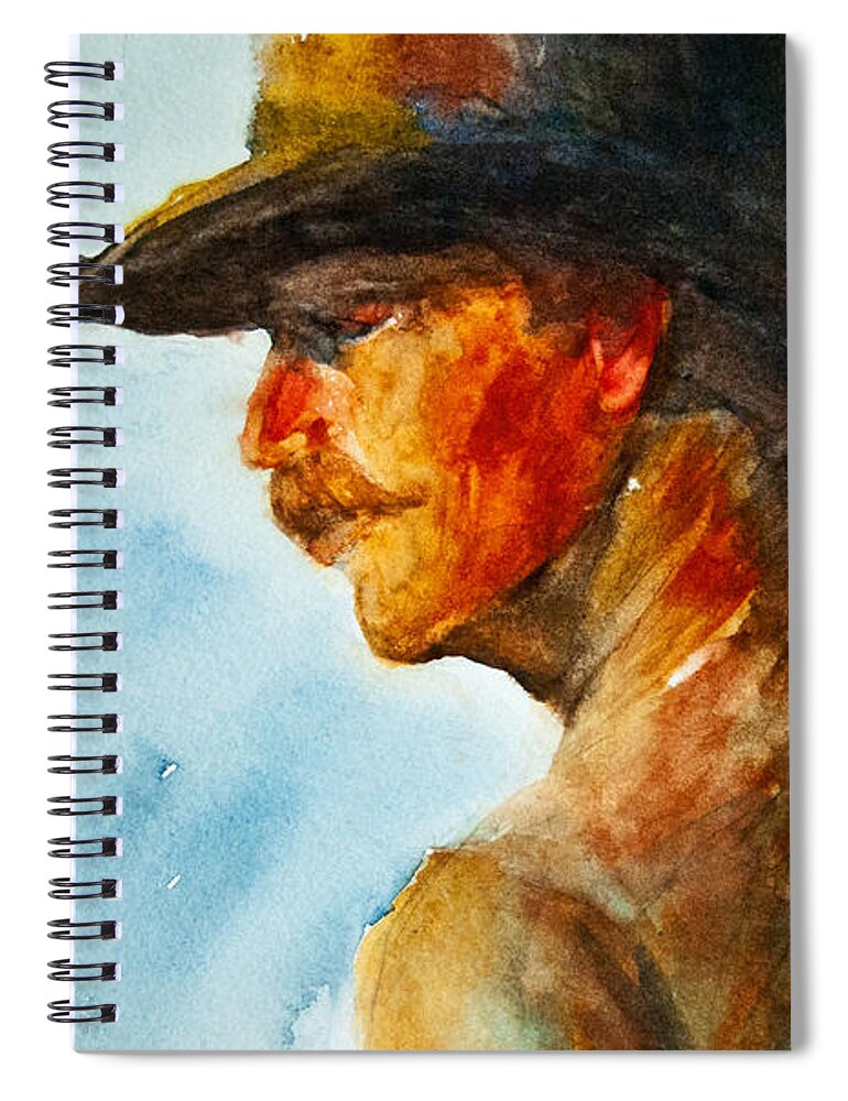 Cowboy Art Spiral Notebook featuring the painting Weathered Cowboy by Jani Freimann