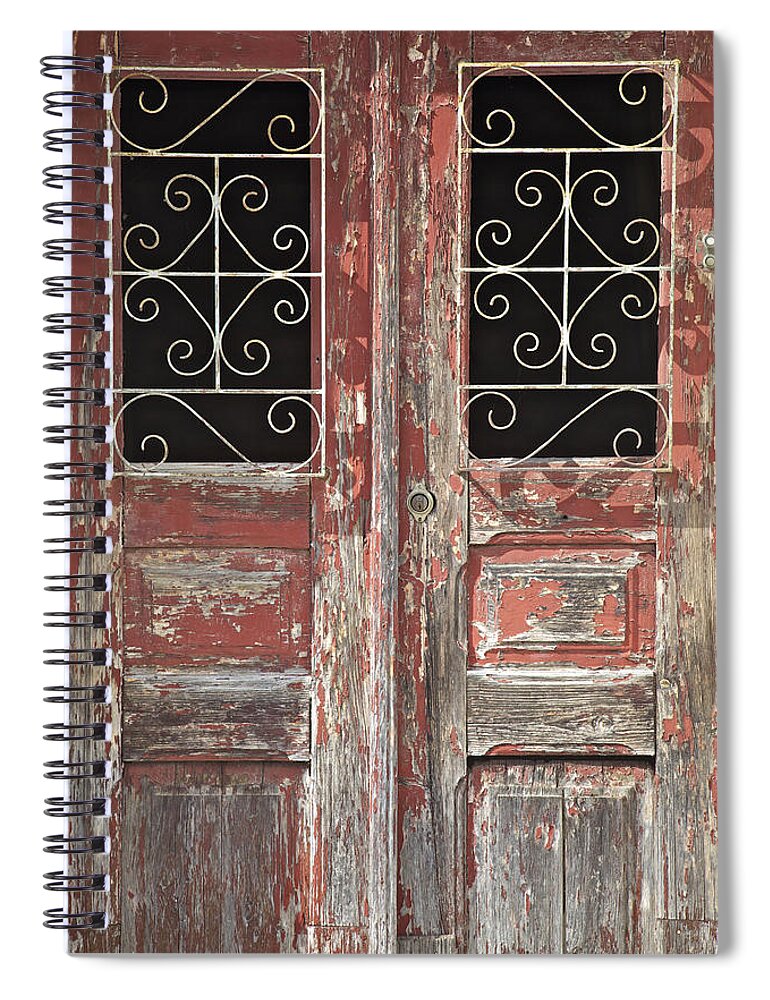 Artistic Spiral Notebook featuring the photograph Weathered Red Wood Rustic Door with Peeling Paint by David Letts