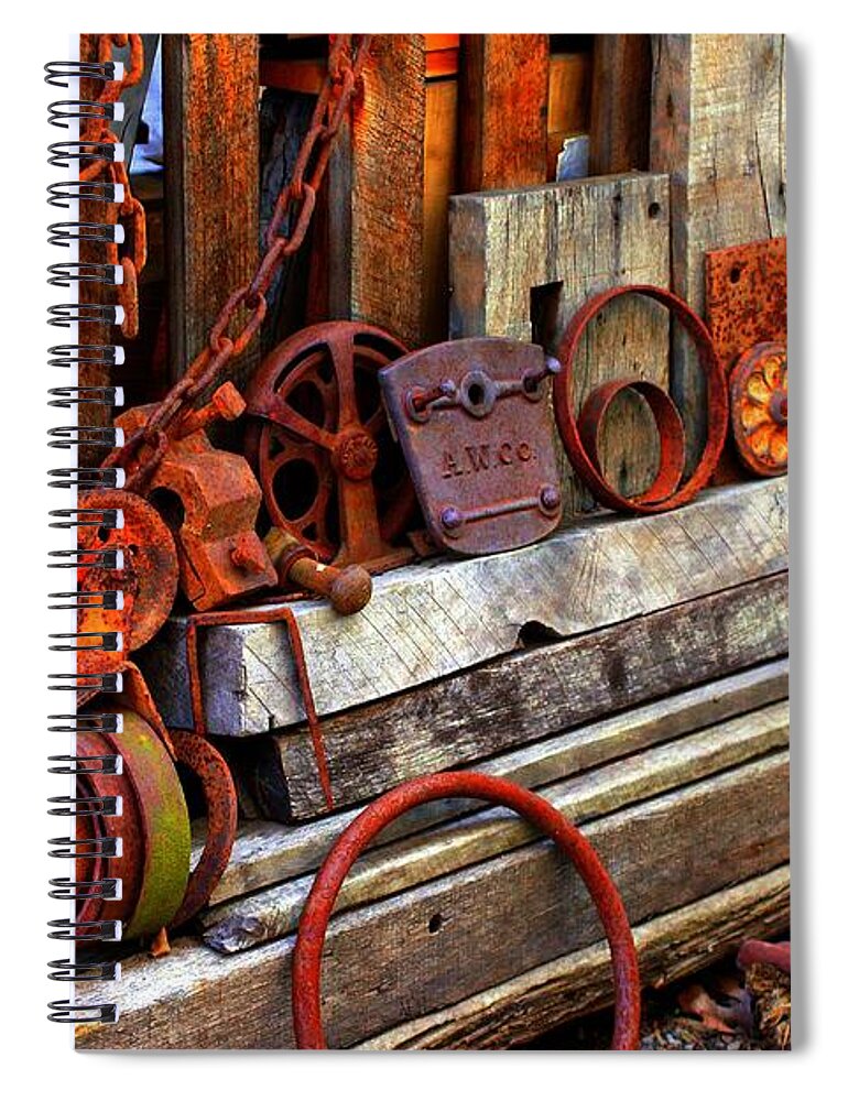 Marcia Lee Jones Spiral Notebook featuring the photograph Weathered Rims And Chainss by Marcia Lee Jones