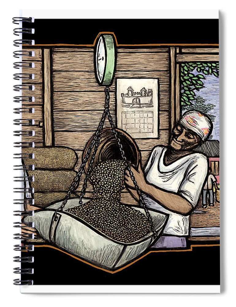 Coffee Spiral Notebook featuring the mixed media Weighing Coffee by Ricardo Levins Morales