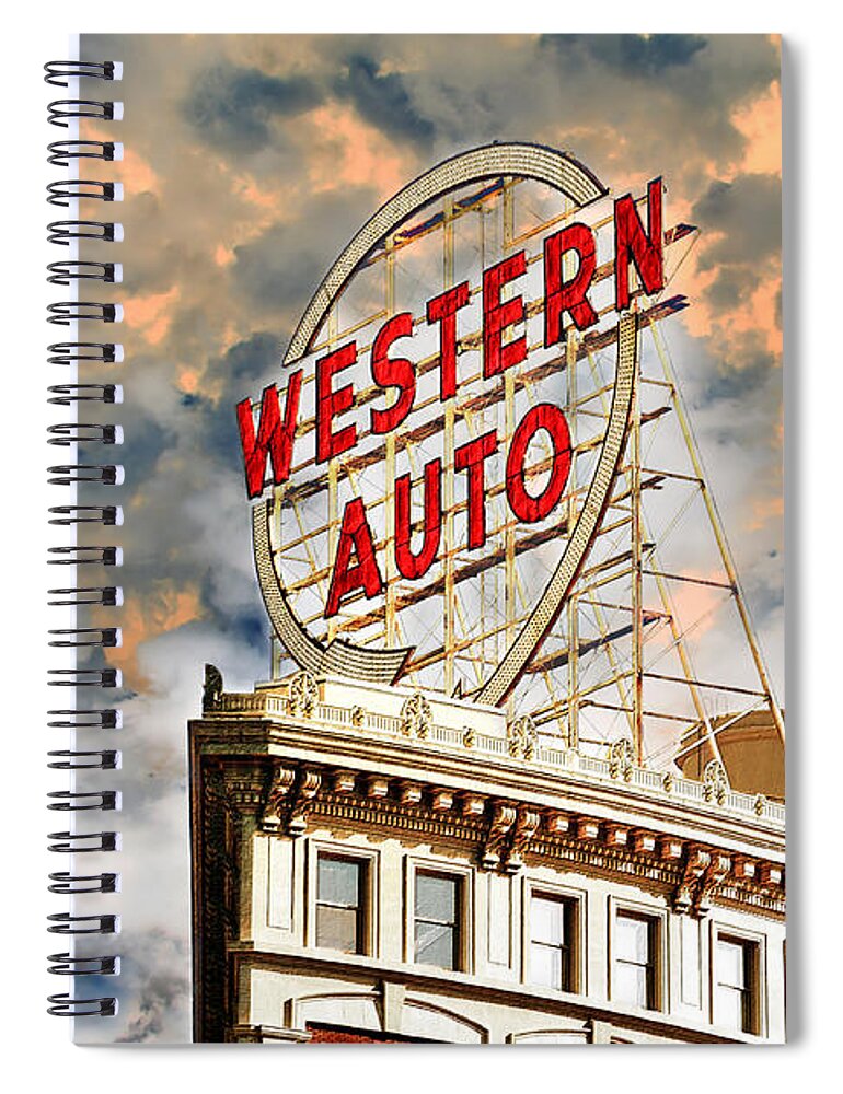 Western Auto Sign Spiral Notebook featuring the photograph Western Auto Sign Downtown Kansas City 2 by Andee Design