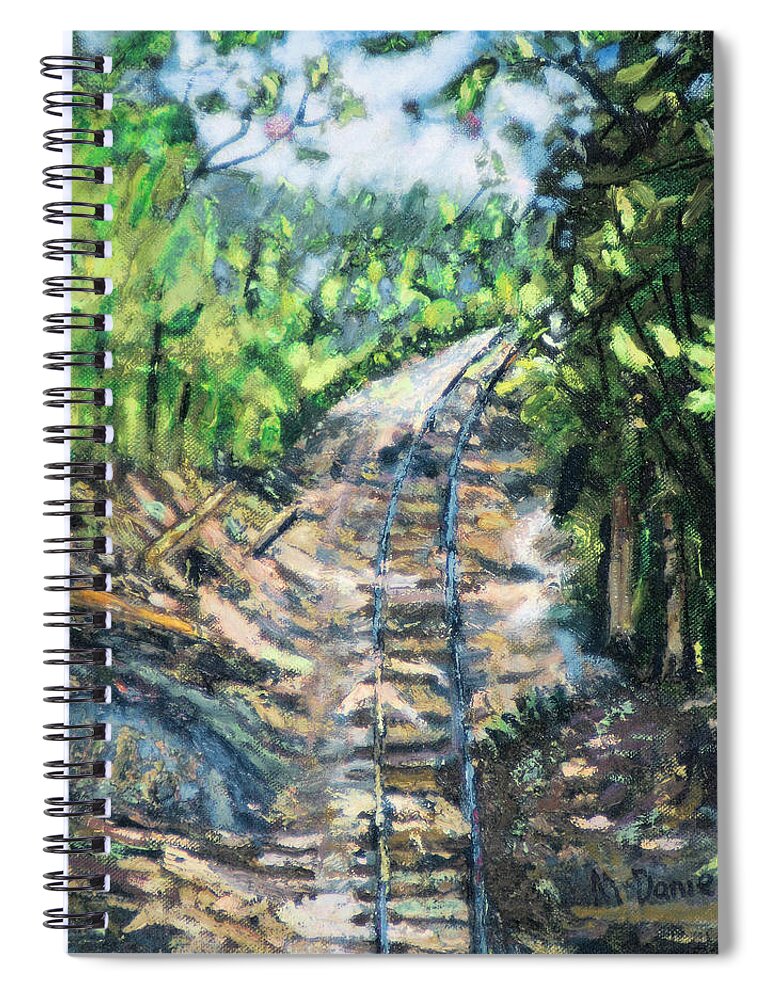Tree Path Railroad Track Rock Forest Spiral Notebook featuring the painting What's Around the Bend? by Michael Daniels