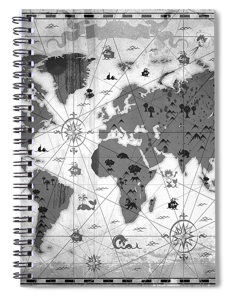 Texture Spiral Notebook featuring the mixed media Whimsical World Map BW by Angelina Tamez