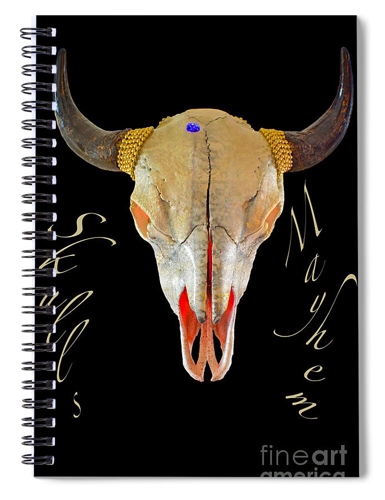 Skulls Art Work Spiral Notebook featuring the mixed media White and Gold Illuminating Buffalo Skull by Mayhem Mediums