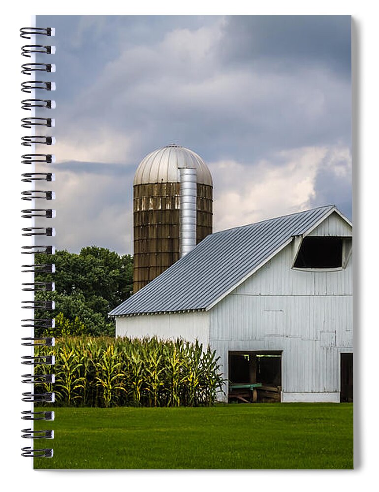 Art Spiral Notebook featuring the photograph White Barn and Silo with Storm Clouds by Ron Pate