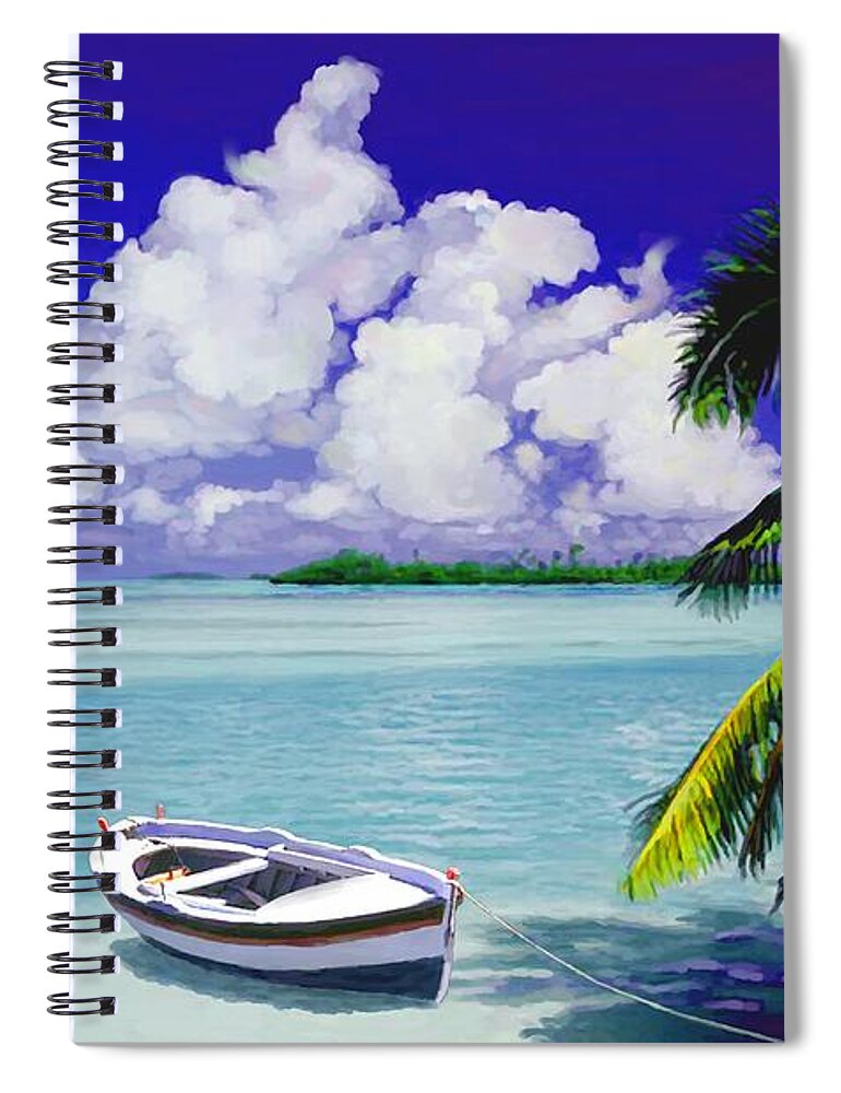 Tropical Spiral Notebook featuring the painting White boat on a tropical island by David Van Hulst