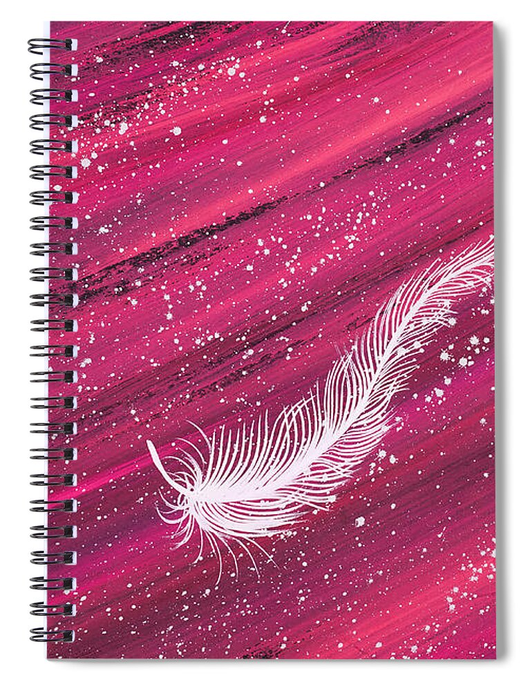 Feather Spiral Notebook featuring the painting White spiritual feather on pink streak by Carolyn Bennett by Simon Bratt