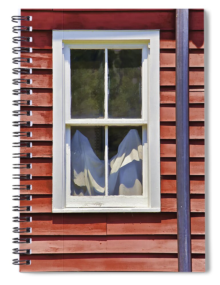 Architecture Spiral Notebook featuring the photograph White Wood Window against a Faded Weathered Red Barn Wall by David Letts