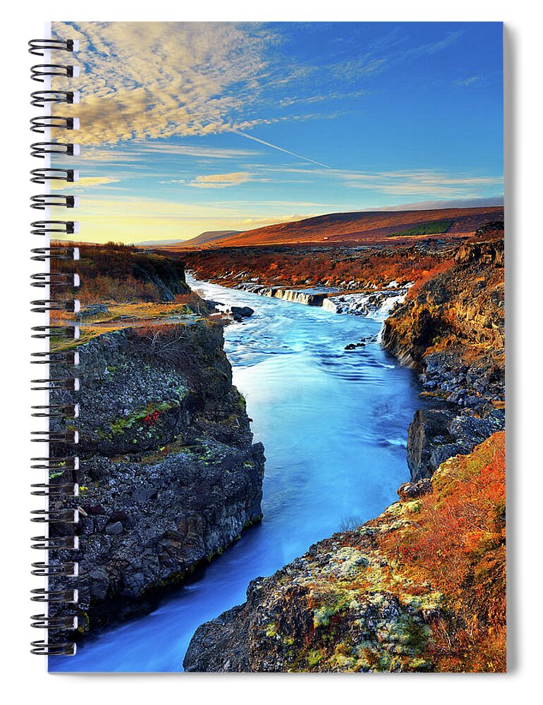 Scenics Spiral Notebook featuring the photograph Wide Angle Of Hraunfossar Flowing Into by Anna Gorin