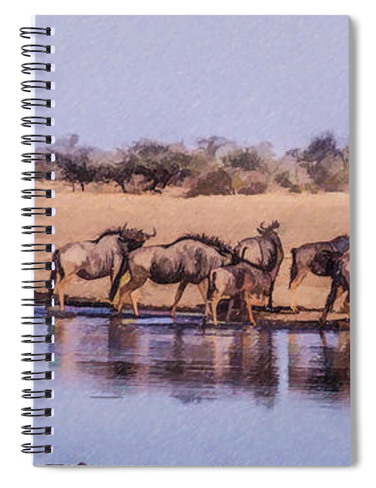Wildebeest Spiral Notebook featuring the digital art Wildebeest at an Etosha waterhole by Liz Leyden
