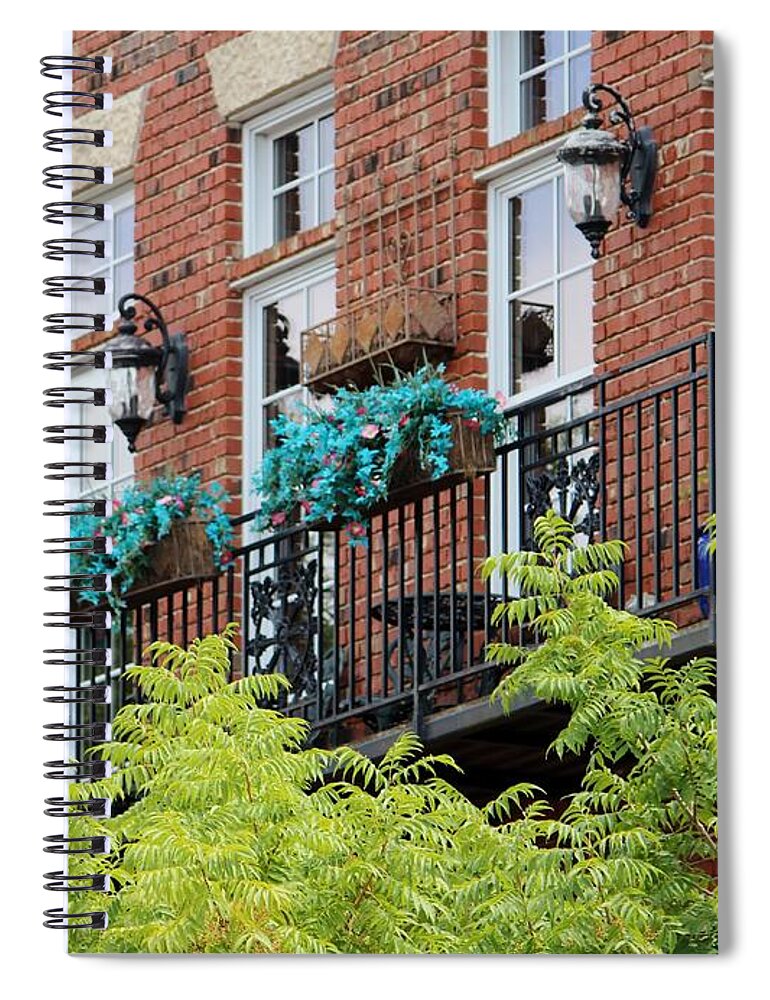 Balcony Spiral Notebook featuring the photograph Blue Flowers On A Balcony by Cynthia Guinn