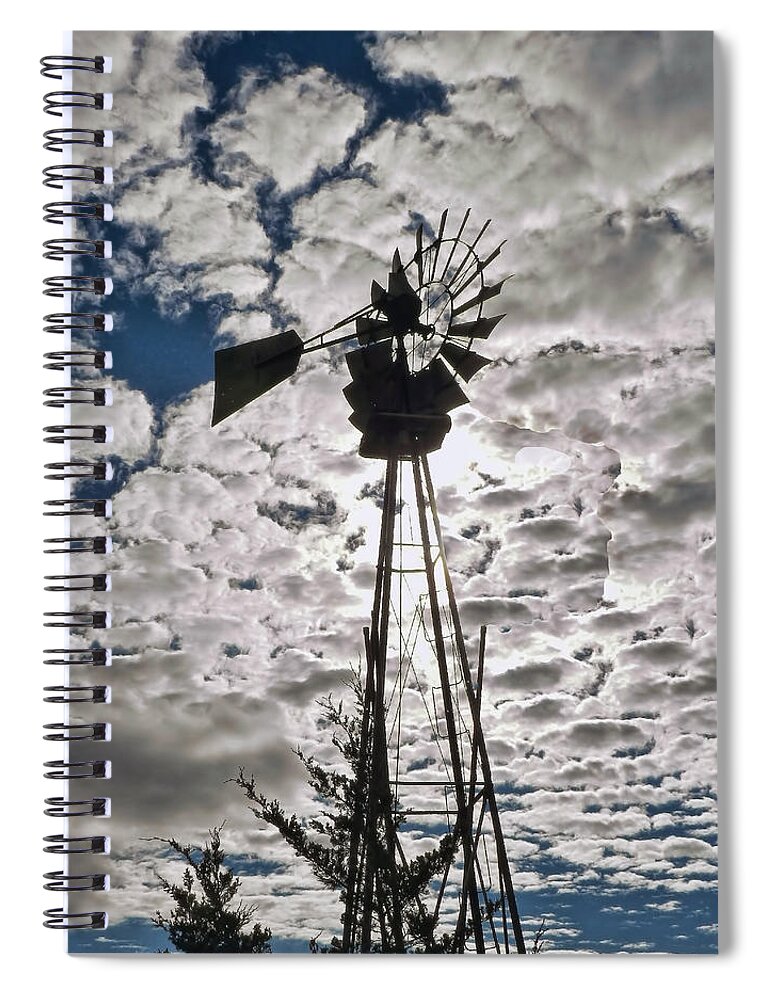 Windmill Spiral Notebook featuring the digital art Windmill in the clouds by Cathy Anderson