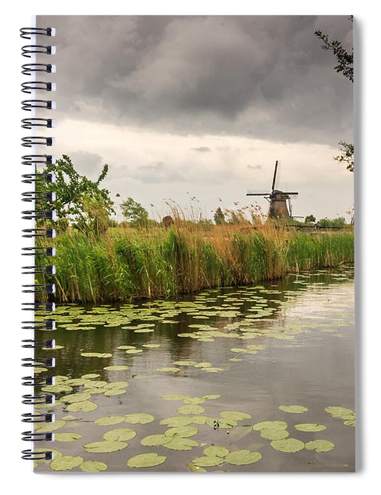Bushes Spiral Notebook featuring the photograph Windmills by the canal by Sue Leonard