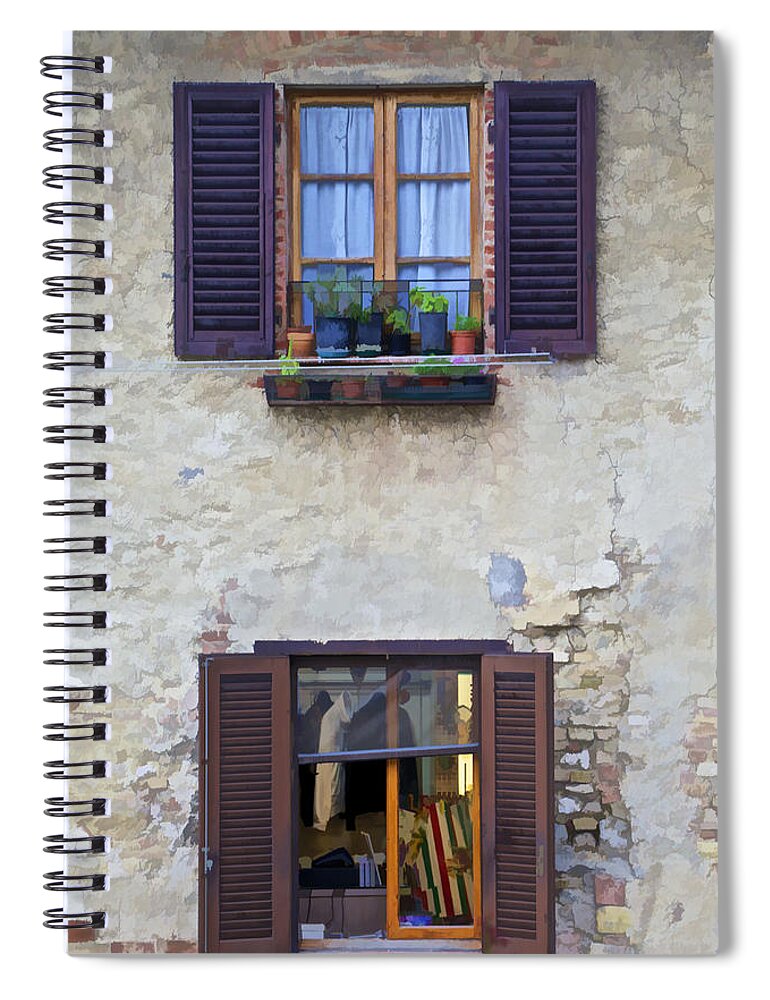 Architecture Spiral Notebook featuring the photograph Windows with Potted Plants of Rural Tuscany by David Letts