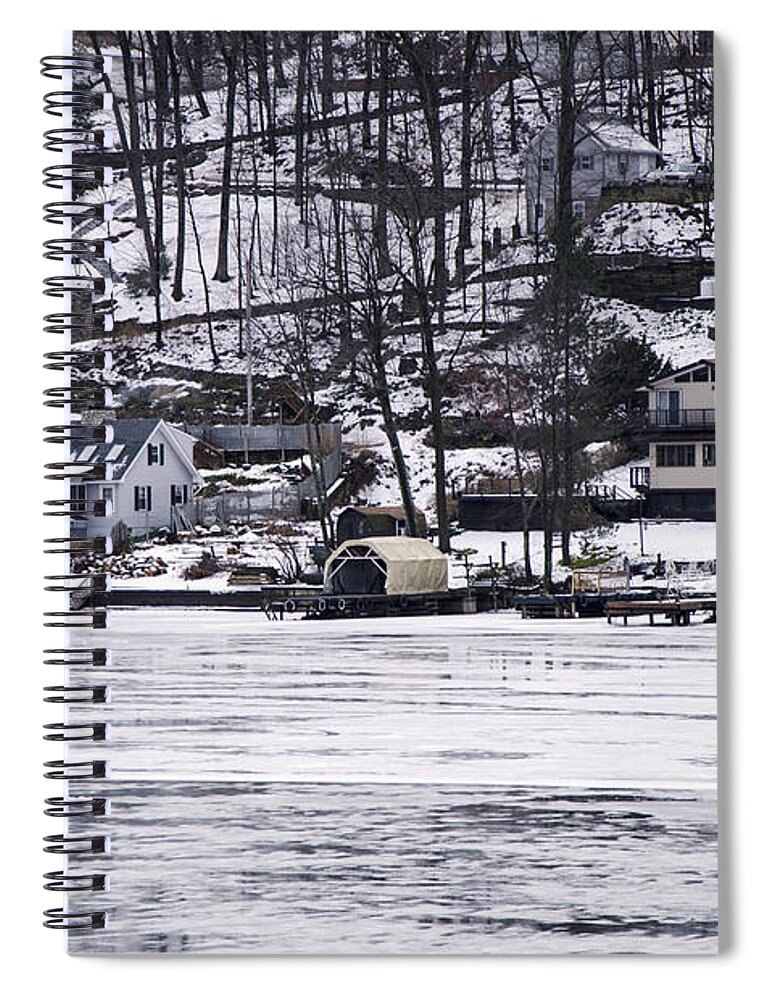 Hopatcong Spiral Notebook featuring the photograph Winter Ice Lake Scene Hopatcong Covered Port by Maureen E Ritter