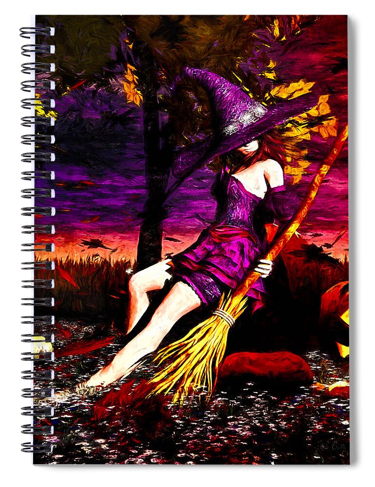 Pumpkin Patch Spiral Notebook featuring the painting Witch in the pumpkin patch by Bob Orsillo