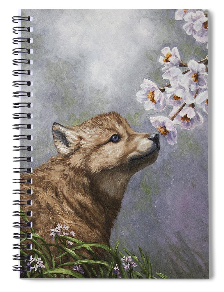 Wolf Spiral Notebook featuring the painting Wolf Pup - Baby Blossoms by Crista Forest