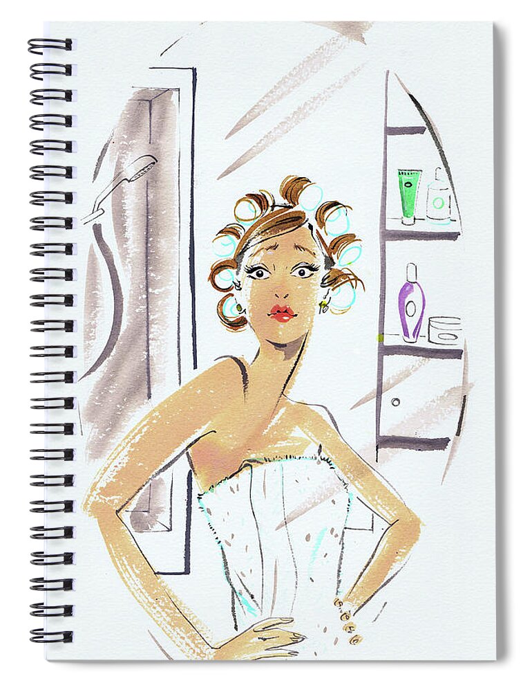20-24 Years Spiral Notebook featuring the painting Woman In Curlers And Towel Looking by Ikon Images