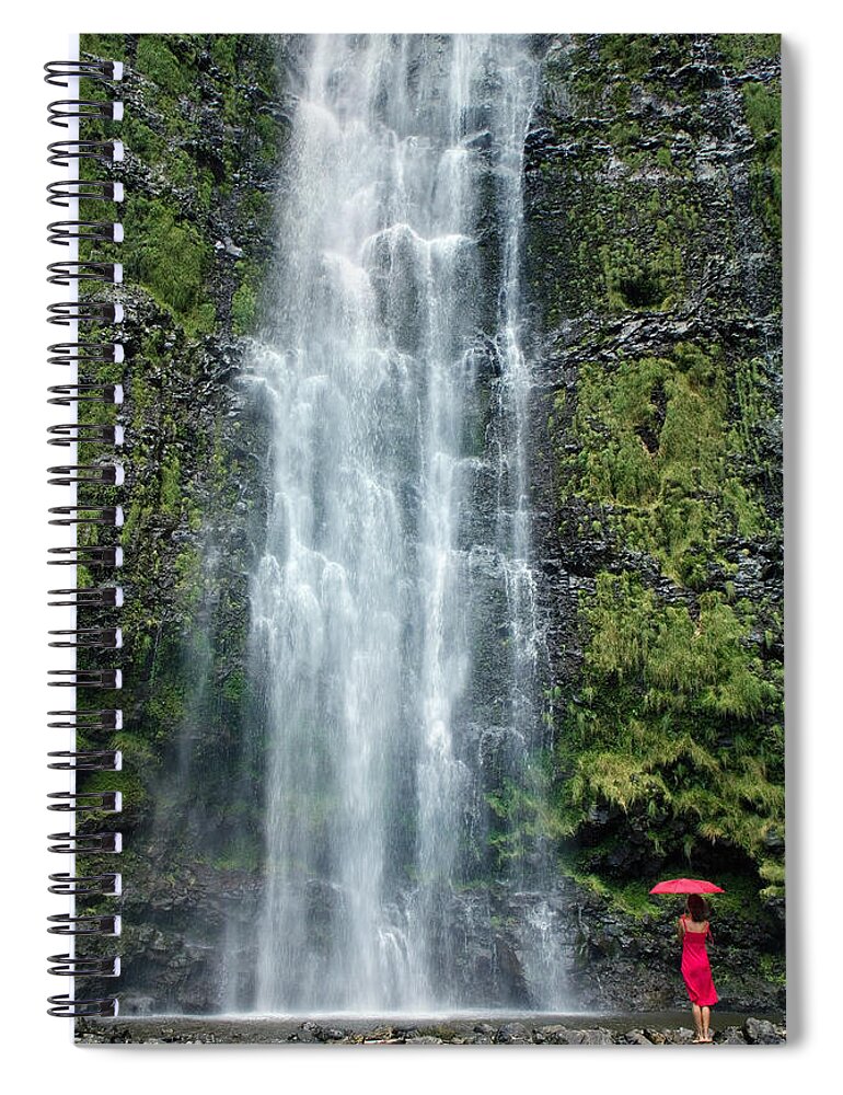 Beautiful Spiral Notebook featuring the photograph Woman with umbrella at Wailua Falls by M Swiet Productions