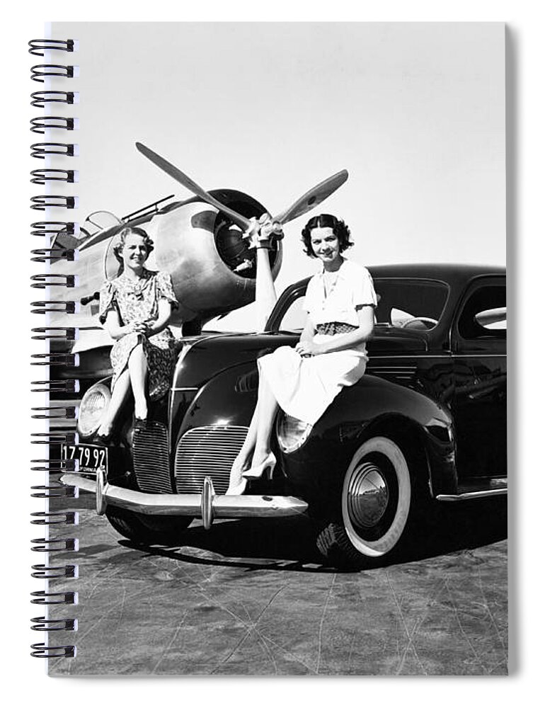 1035-713 Spiral Notebook featuring the photograph Women, Lincolns And Airplanes by Underwood Archives