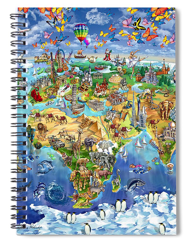 World Map Spiral Notebook featuring the painting World Map of world wonders by Maria Rabinky
