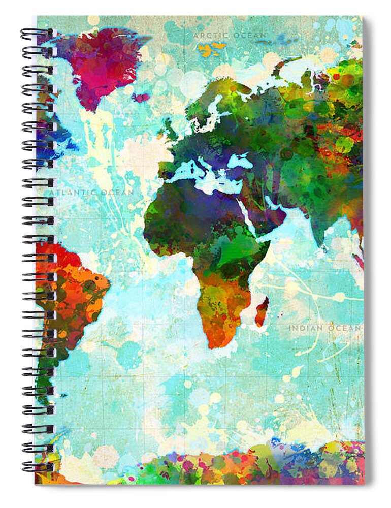 Map Of The World Spiral Notebook featuring the painting World Map Splatter design by Gary Grayson