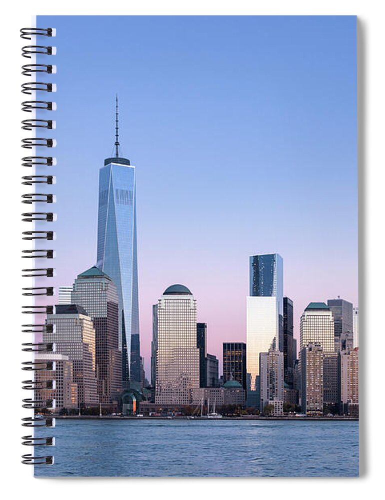 Clear Sky Spiral Notebook featuring the photograph World Trade Center At Dusk by Raimund Koch