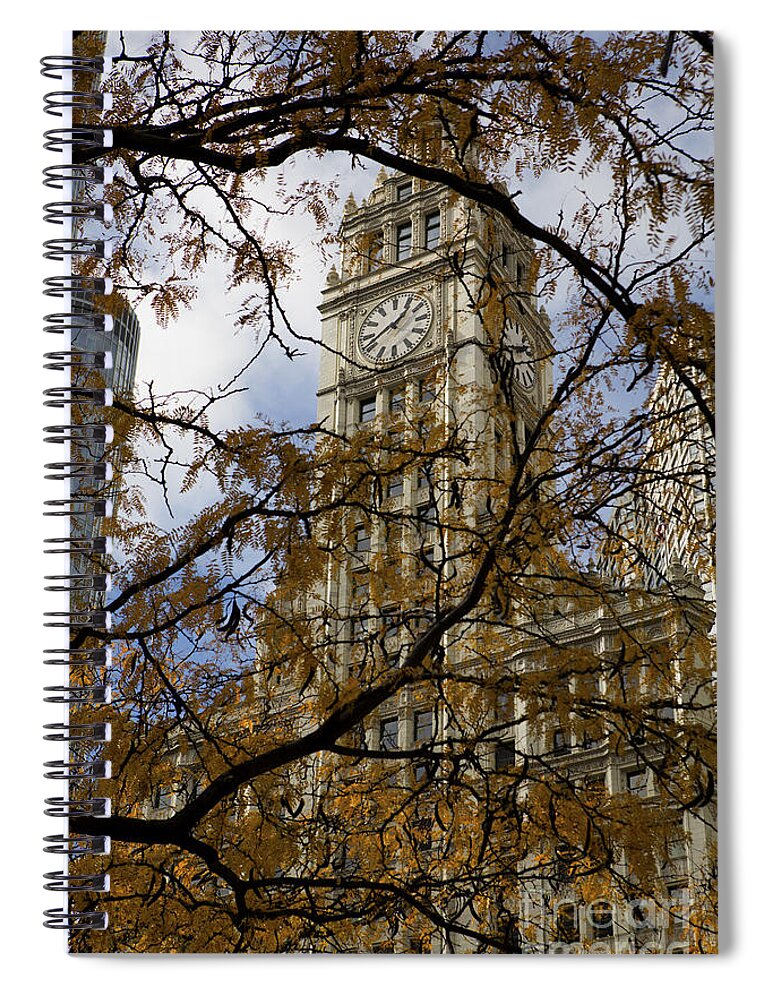 Wrigley Spiral Notebook featuring the photograph Wrigley Building in Autumn by Leslie Leda