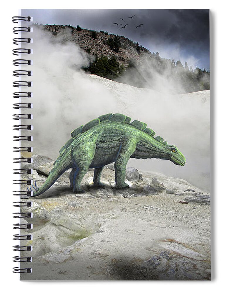 Dinosaur Art Spiral Notebook featuring the mixed media Wuerhosaurus Near Volcanic Vent by Frank Wilson