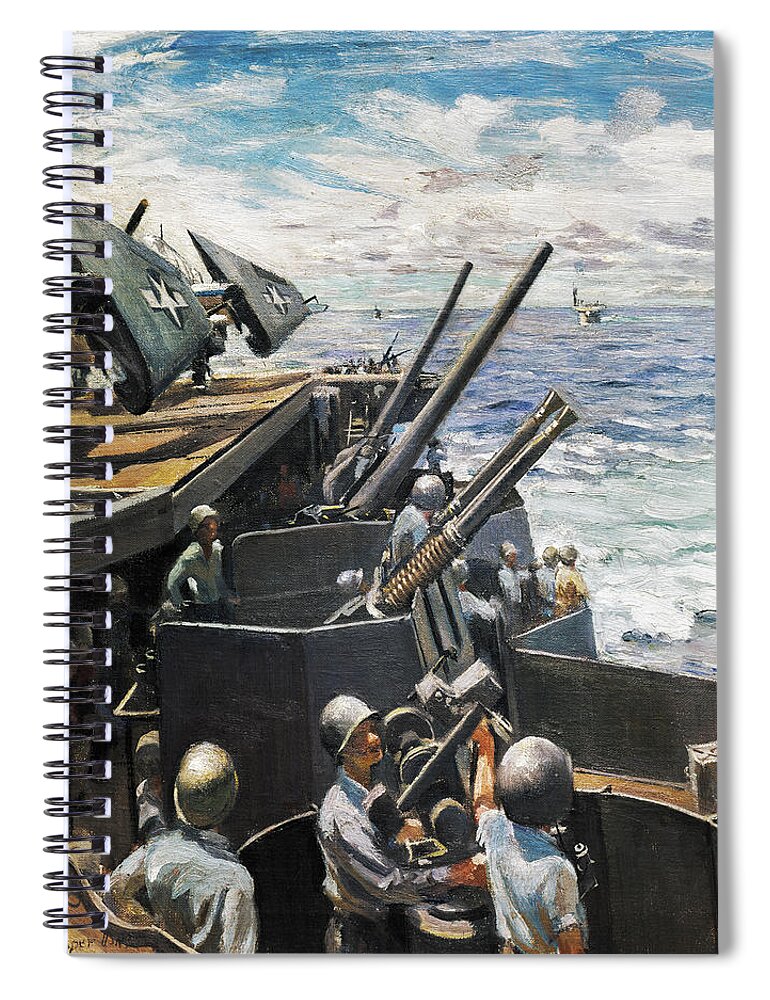 1944 Spiral Notebook featuring the painting Wwii Aircraft Carrier by William Franklin Draper