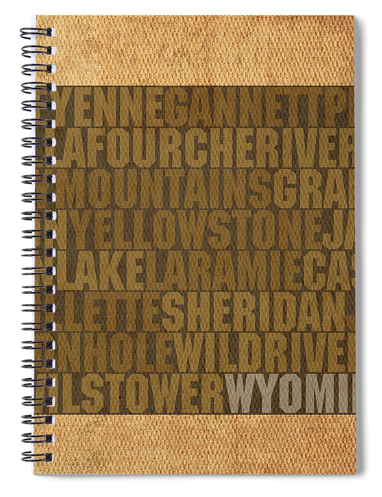 Wyoming Word Art State Map On Canvas Cheyenne Sheridan Rocky Mountains Laramie Yellowstone Grand Teton Spiral Notebook featuring the mixed media Wyoming Word Art State Map on Canvas by Design Turnpike